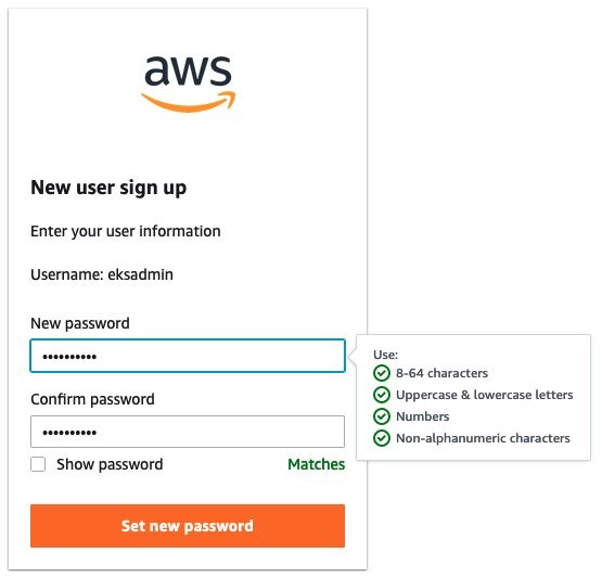 The screenshot shows the New user sign up form when an AWS SSO user signs in for the first time. Details described inthe following paragraph.