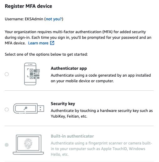 This screenshot shows the Register MFA device pop-up where the user selects with Authenticator app or Security key.