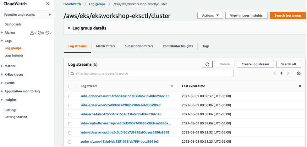 CloudWatch Logs console that shows the different log streams under the log group for the cluster