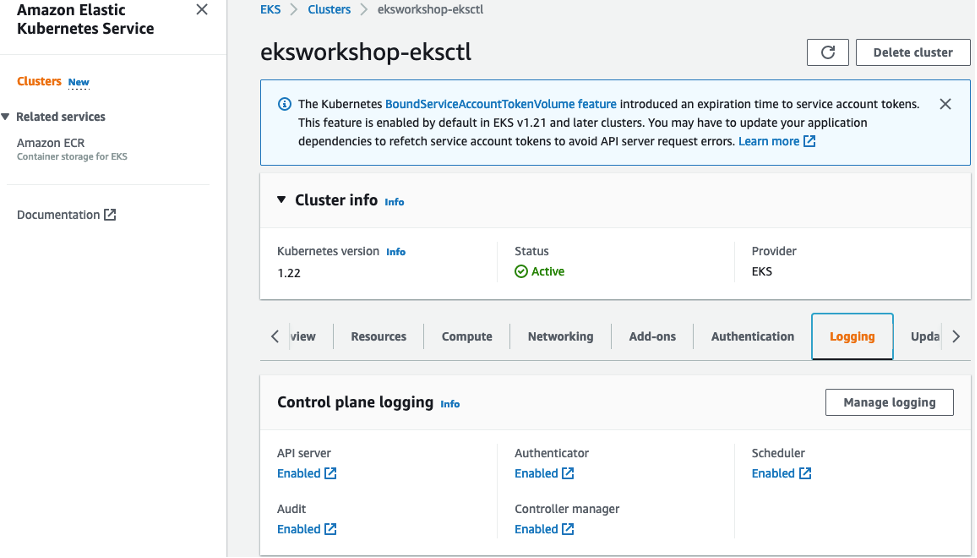 Amazon EKS console with the Logging section of the cluster