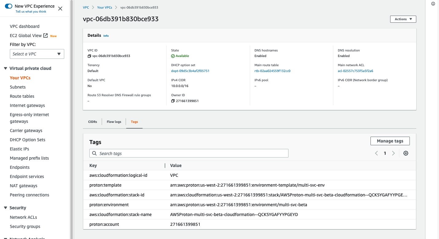 In the AWS Console, you can see the different tags associated with a VPC, including tags specific to Proton that include proton:template, proton:environment, and proton:account.