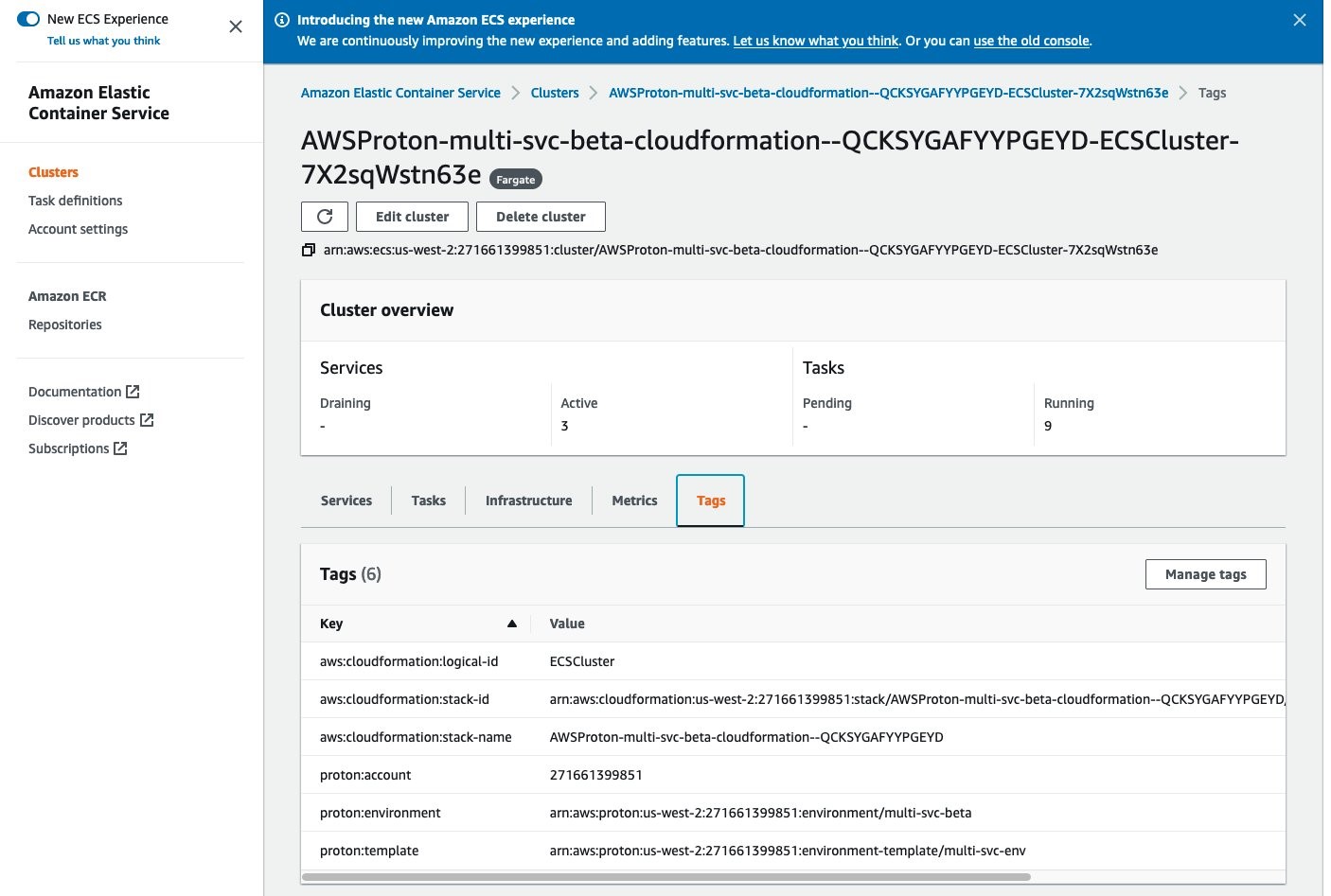 In the AWS Console, you can see the different tags associated with an ECS cluster, including proton:template, proton:environment, and proton:account.