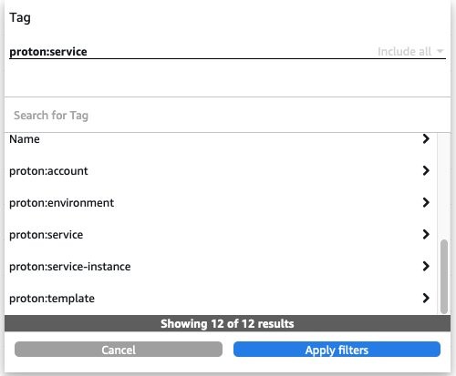 Now in Cost Explorer, you can filter based on proton-specific tags like proton:service.