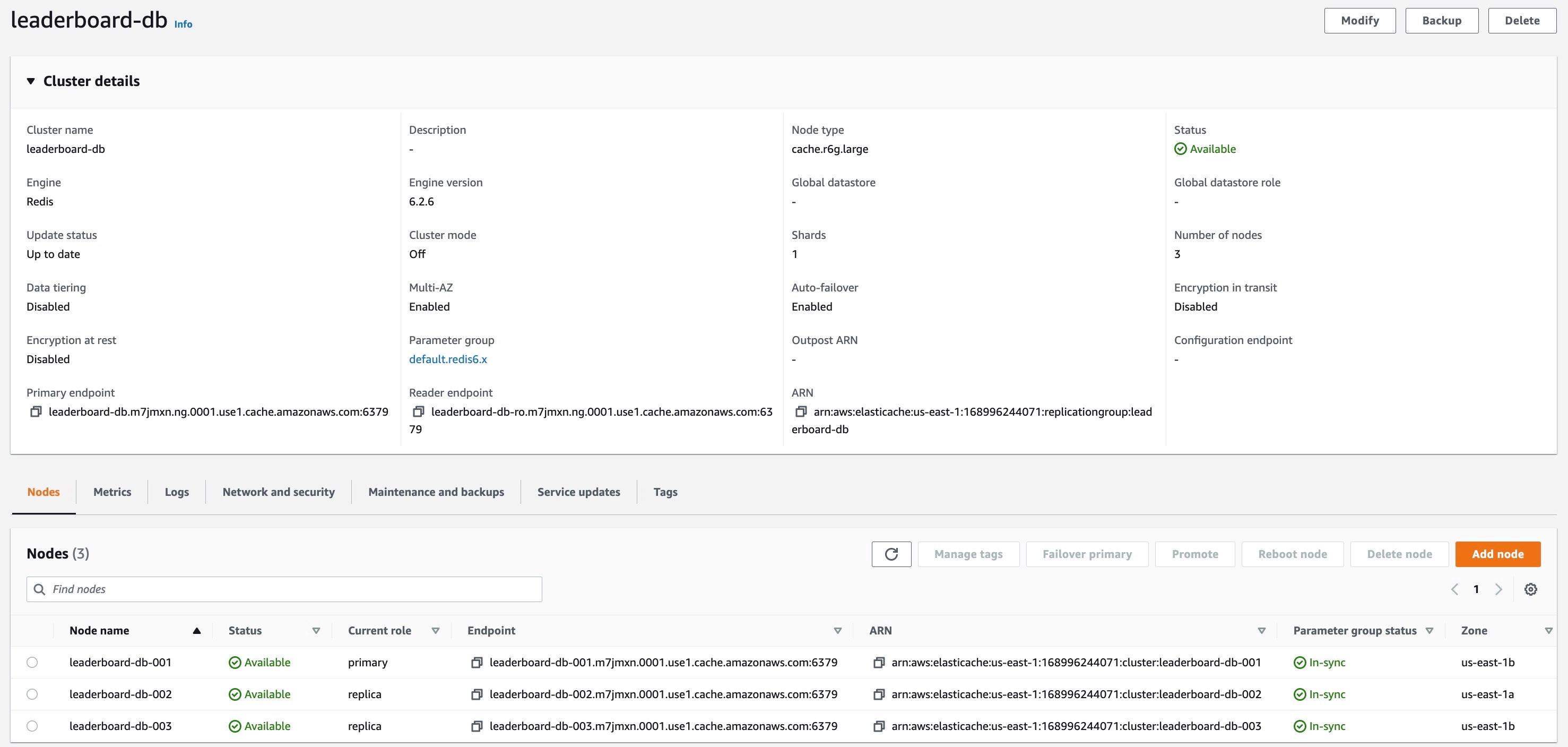 (Figure 12: Console screenshot for an overview of an ElastiCache Redis cluster configuration)