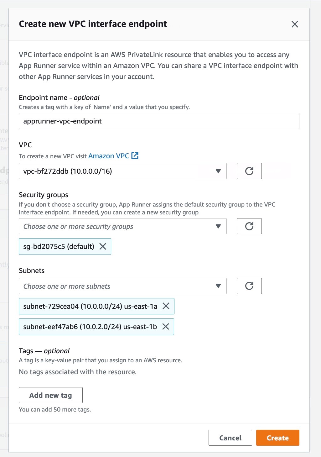 Figure 16: Console screenshot to create a VPC interface endpoint for a private App Runner service