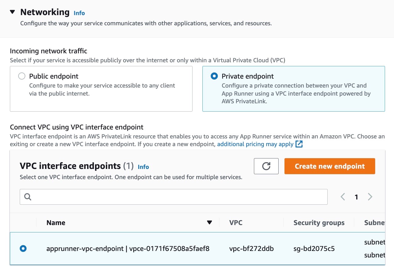 Figure 17: Console screenshot to configure the incoming traffic for an App Runner service