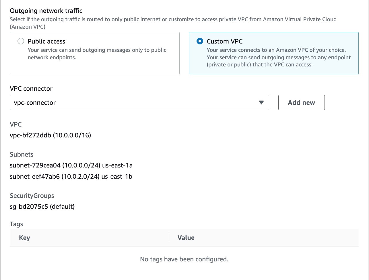 Figure 19: Console screenshot to configure the outgoing traffic of an App Runner service