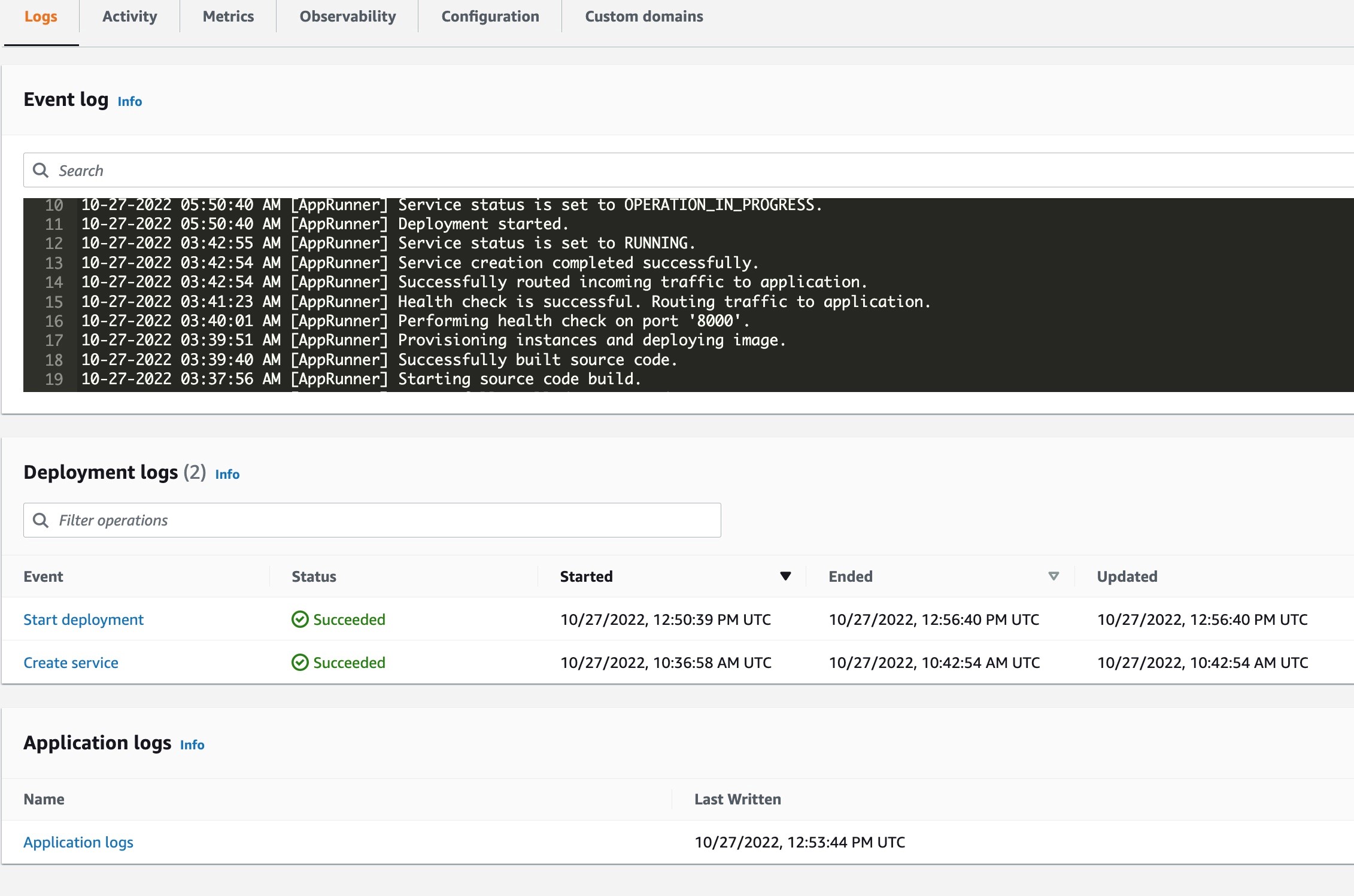 Figure 25: Console screenshot to view logs for an App Runner service