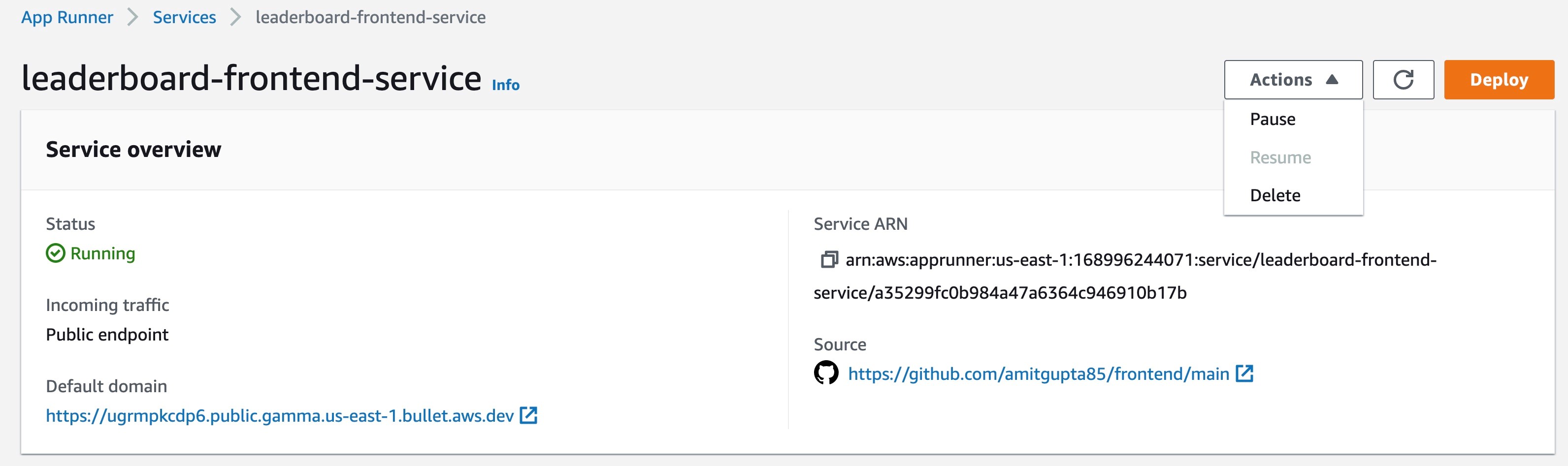 Figure 26: Console screenshot for an overview of the frontend App Runner service configuration