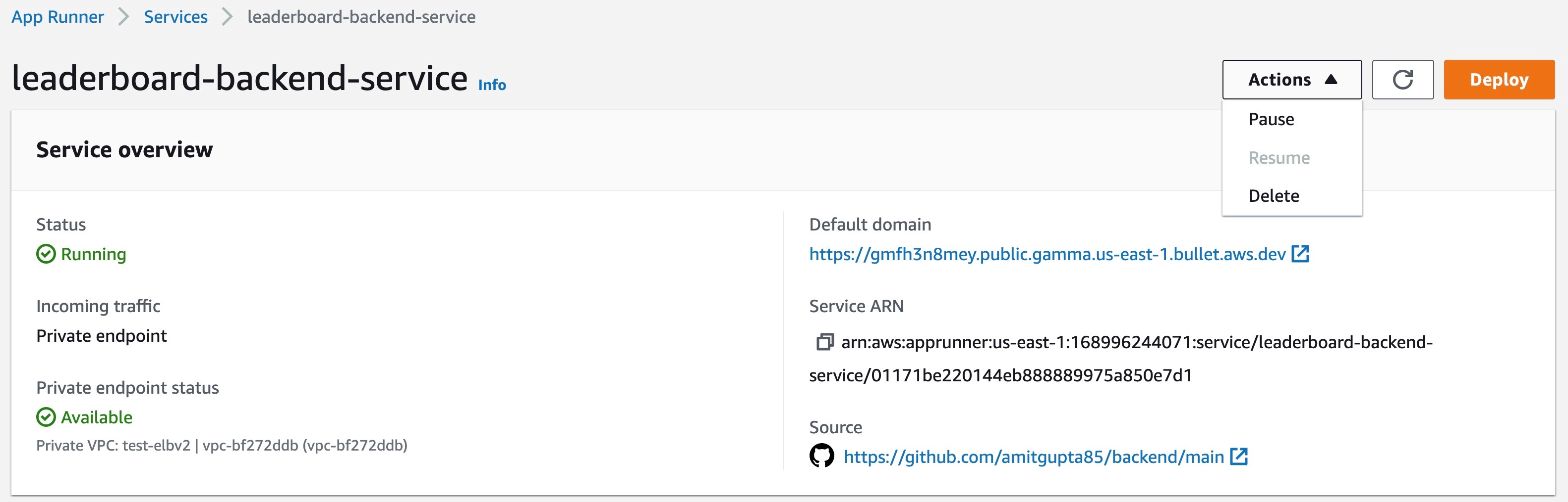 Figure 27: Console screenshot for an overview of the backend App Runner service configuration