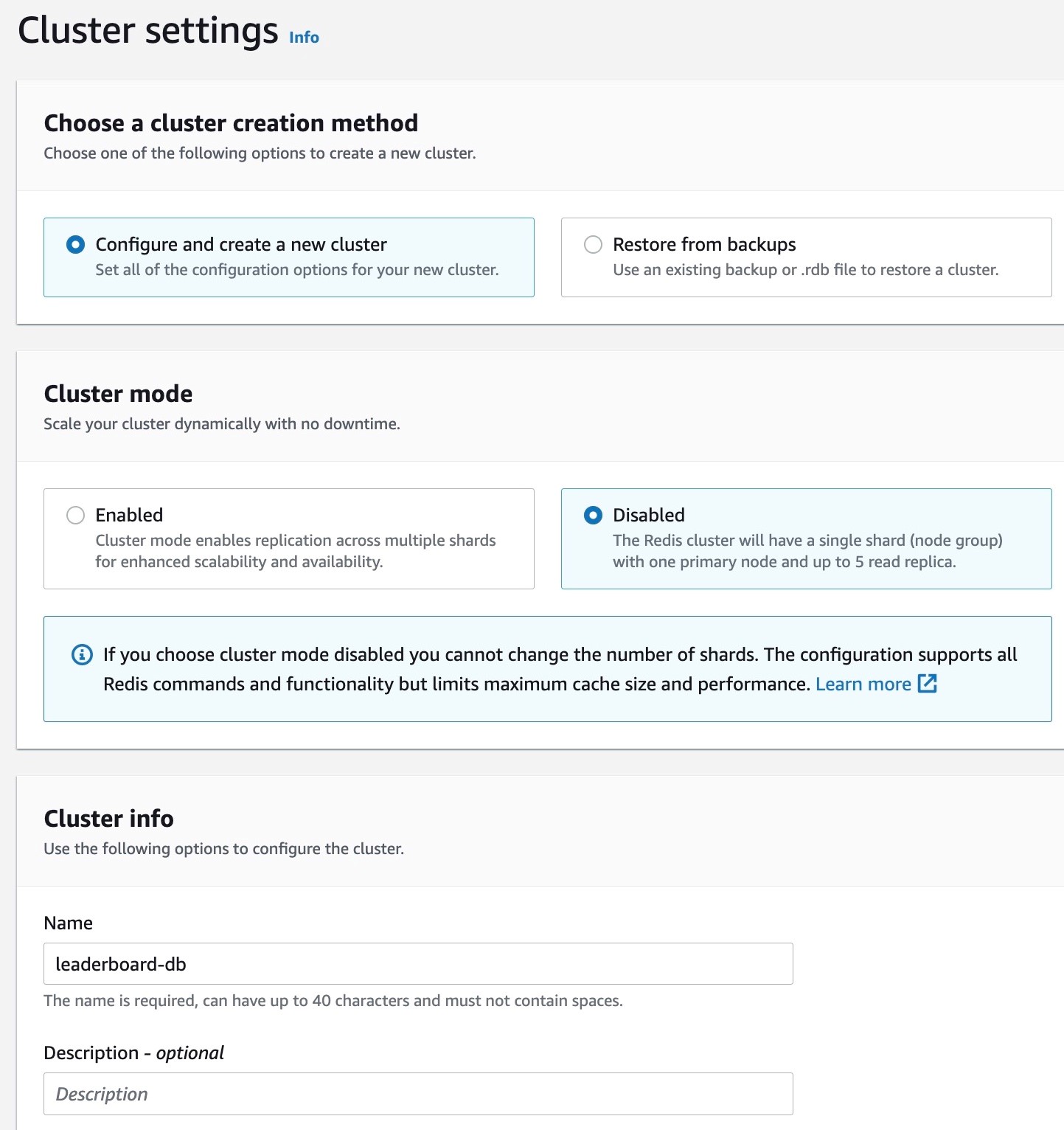 (Figure 8: Console screenshot to configure the name for an ElastiCache Redis cluster)