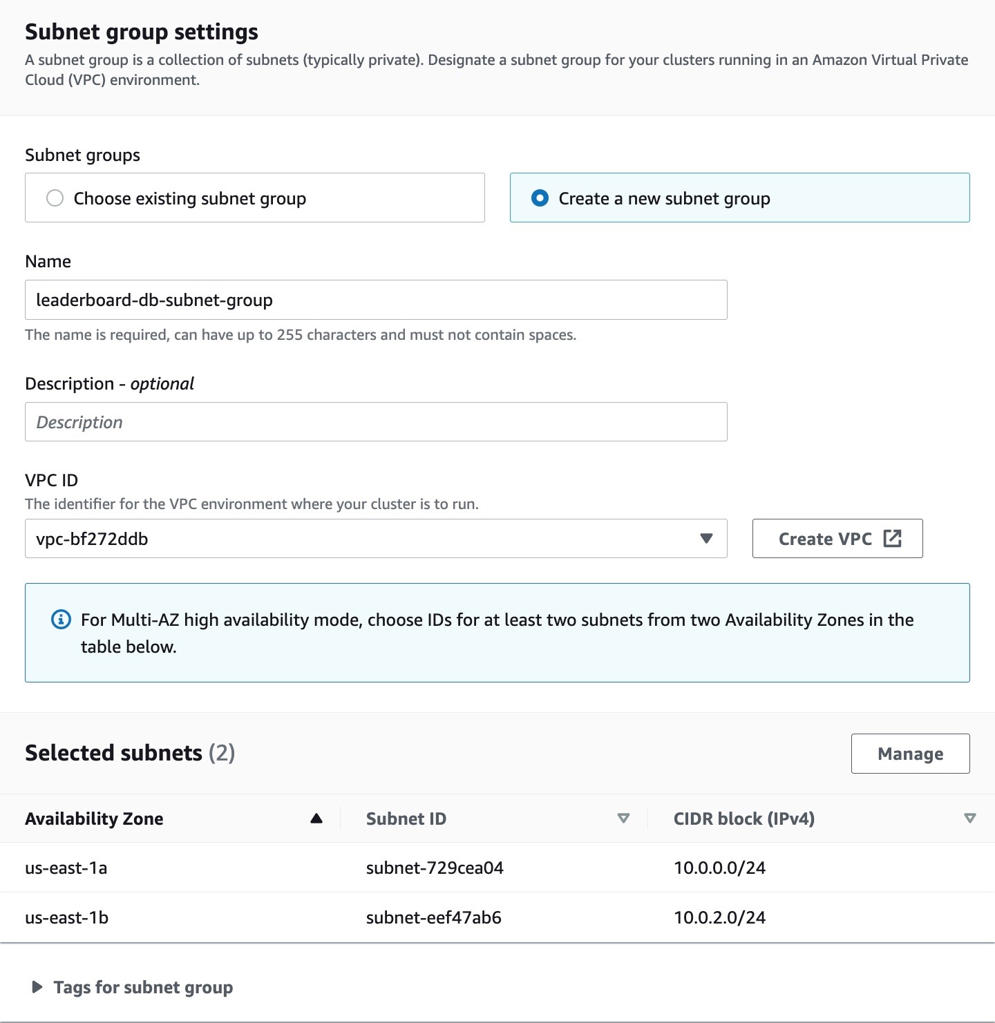 (Figure 10: Console screenshot to configure the VPCs and subnets for an ElastiCache Redis cluster)