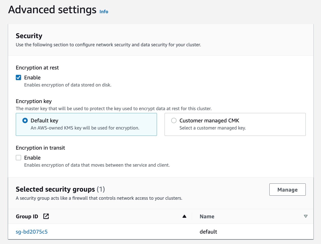 (Figure 11: Console screenshot to enable encryption and configure the security groups for an ElastiCache Redis cluster)