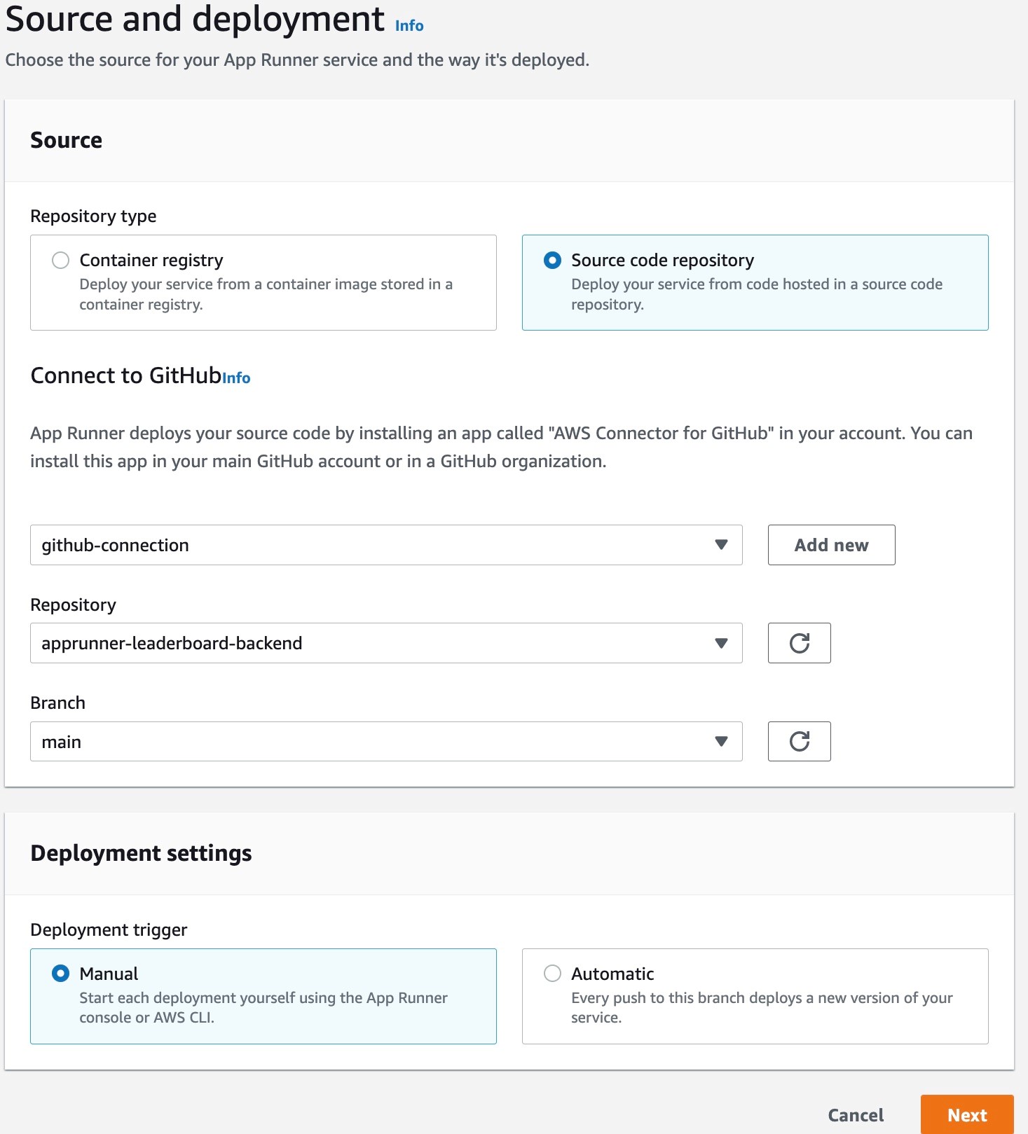 (Figure 13: Console screenshot to configure the name and GitHub connection for an App Runner service)