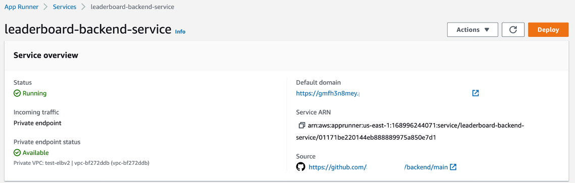 Figure 20: Console screenshot for an overview of an App Runner service configuration