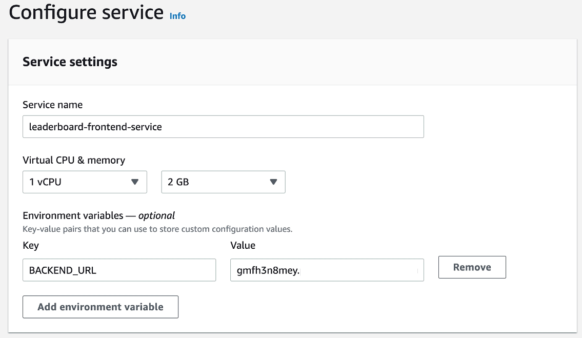 Figure 21: Console screenshot to configure the service name and environment variables for an App Runner service