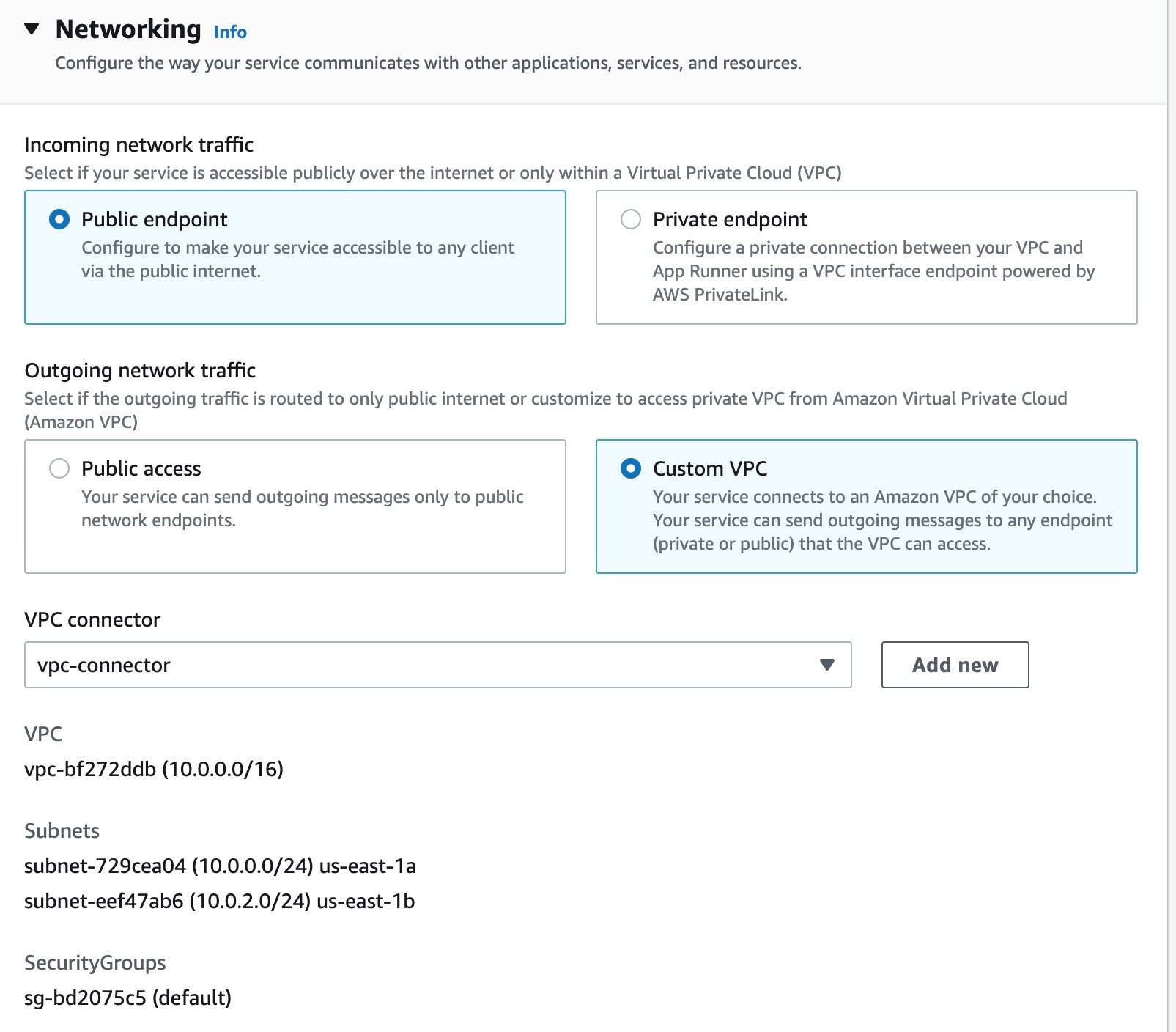 Figure 22: Console screenshot to configure the incoming and outgoing traffic for an App Runner service