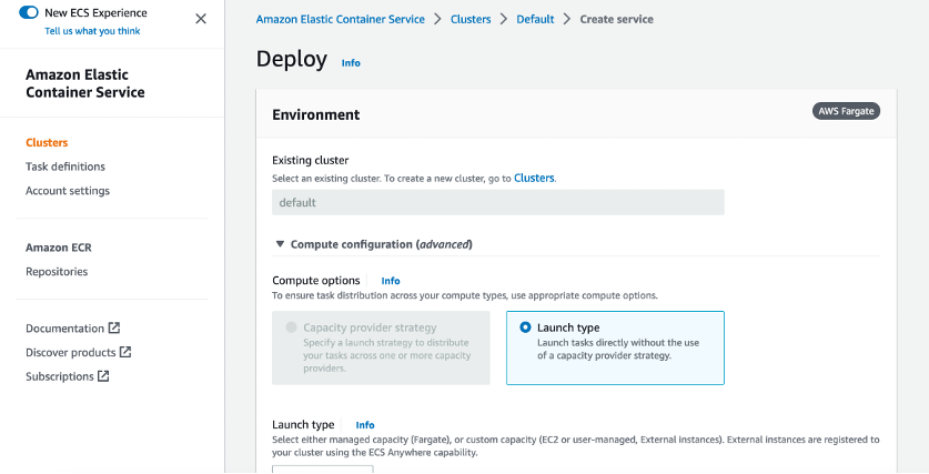 The screenshot of an Amazon ECS console form to create a new service