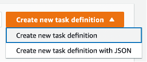 The screenshot of a dropdown with options to create new task definition using guided console wizard experience or with JSON