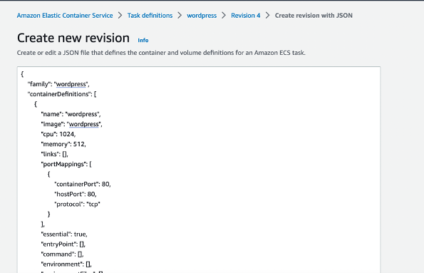 The screenshot of an Amazon ECS console form to create a new task definition revision with JSON