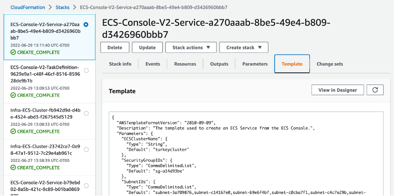 The screenshot of AWS CloudFormation console with a CloudFormation stack created by Amazon ECS console