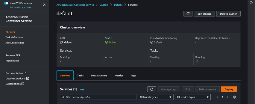 The screenshot of Amazon ECS console in a dark mode