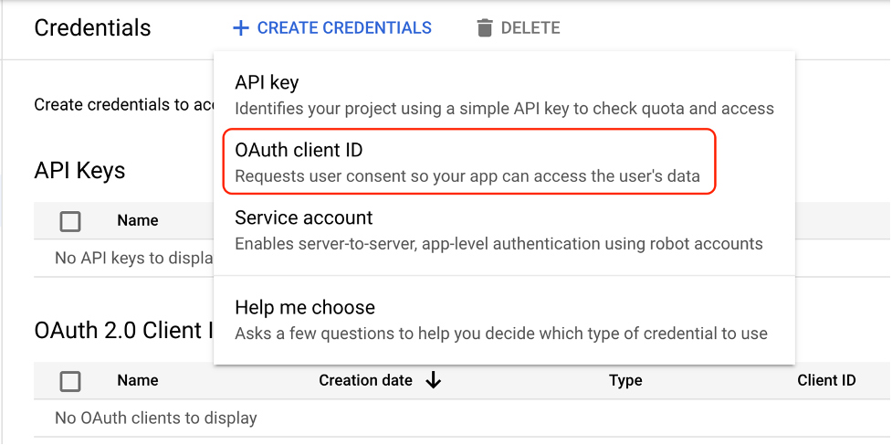 GCP Console – Create Credentials