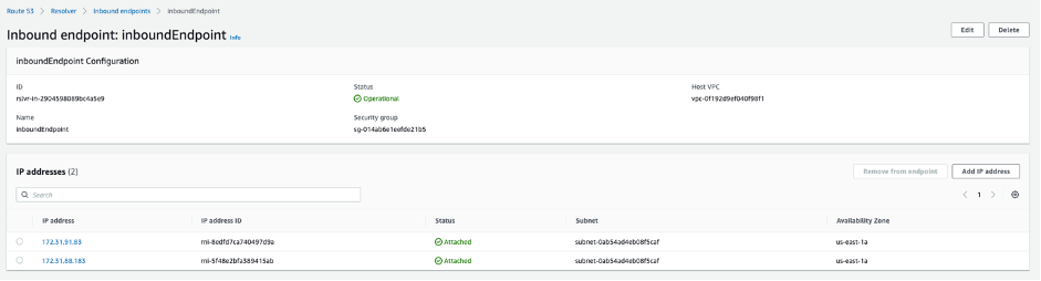 Route 53 Resolver Inbound Endpoint configuration