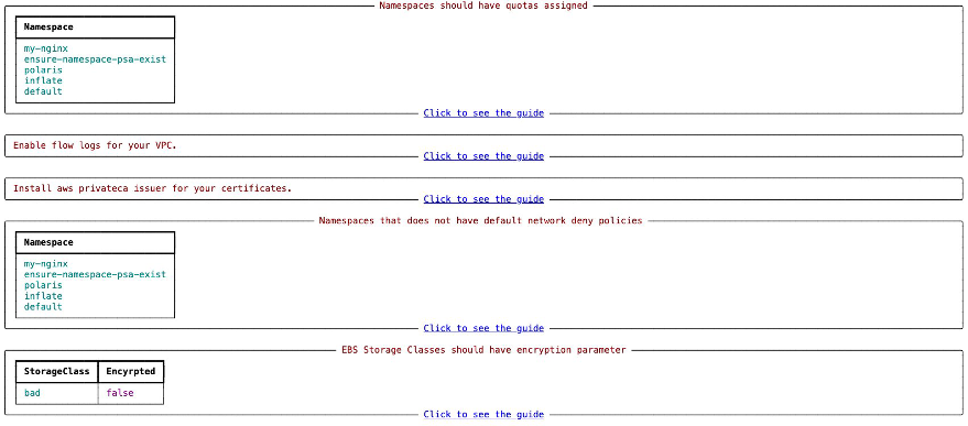 Screenshot of a sample HardenEKS report with various policy violations.