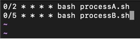 0/2 * * * * bash processA.sh 0/5 * * * * bash process.sh