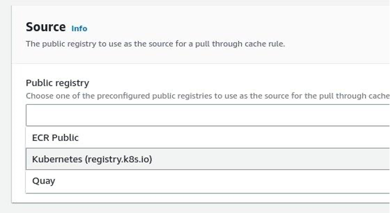 Image shows AWS Console with a dropdown box selecting the Kubernetes public registry.