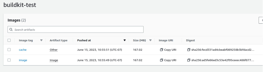 Amazon ECR console showing the cache stored as an artifact of type "other"