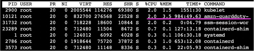 While this application and the agent were actively running on the Amazon EKS cluster a 4-second trace was performed using the top ebpf gadget. This trace noted that the Amazon EKS Runtime Monitoring agent was called 525 times and ran for just over 1 millisecond during that 4-second window. Note that workloads are unique, so results vary depending on the nature of your workload and the runtime events it causes. You can find guidance for using Inspektor Gadget in your environment here. Customers can also measure the CPU and memory usage of the agent by executing the kubectl top command in their Amazon EKS nodes. This command shows resource usage as a percent of total CPU and Memory on the node. The following screenshot was taken on a node within the same cluster discussed earlier after executing the top command.