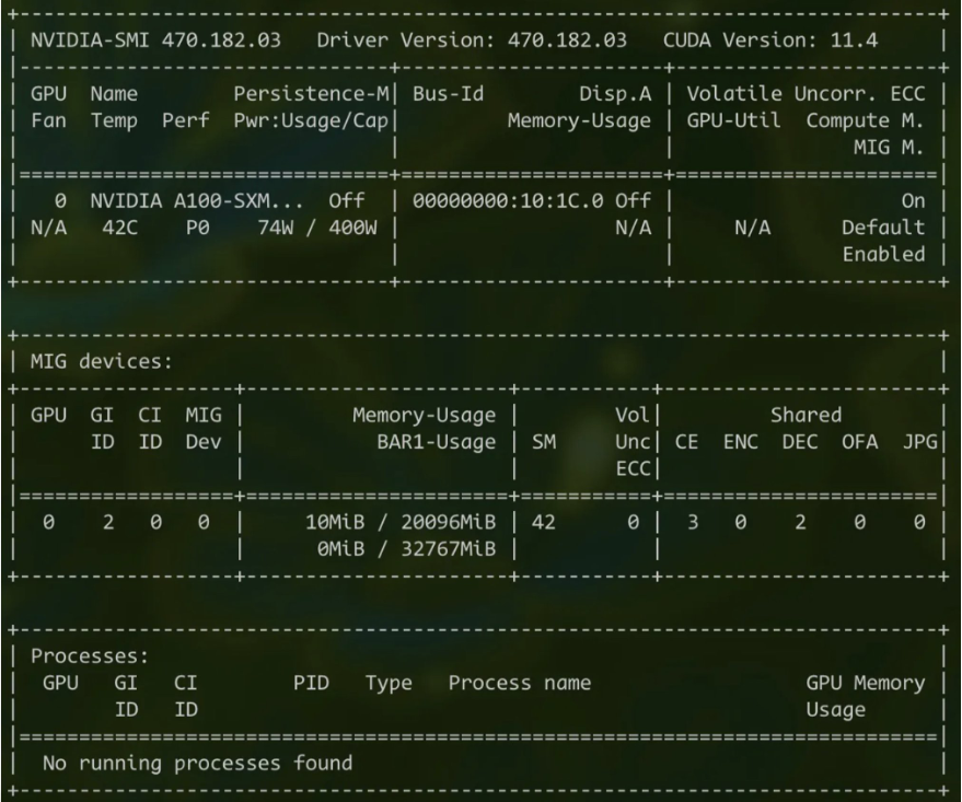 The image is the output of the command "nvidia-smi" where it shows the number of MIG devices