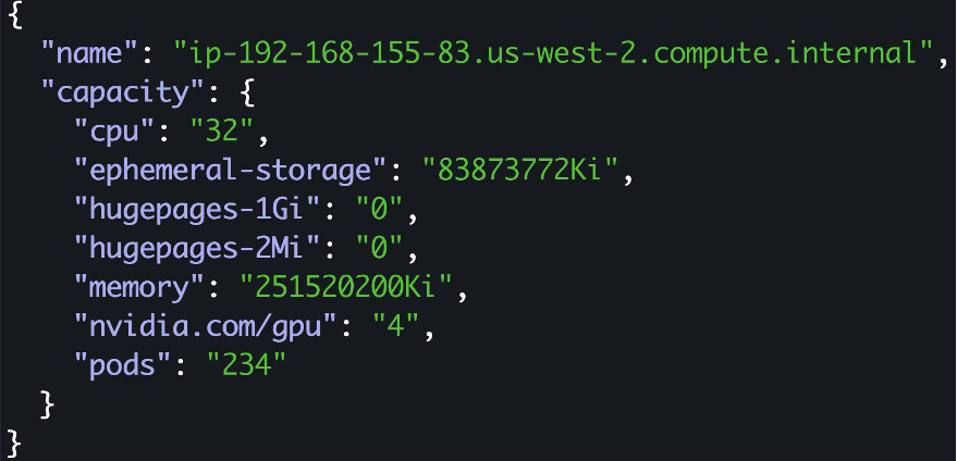 The image is of an EKS worker node showing available GPU before time-slicing configuration is applied