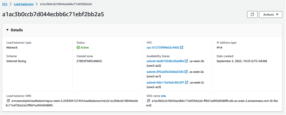 Amazon Network Load Balancer details page