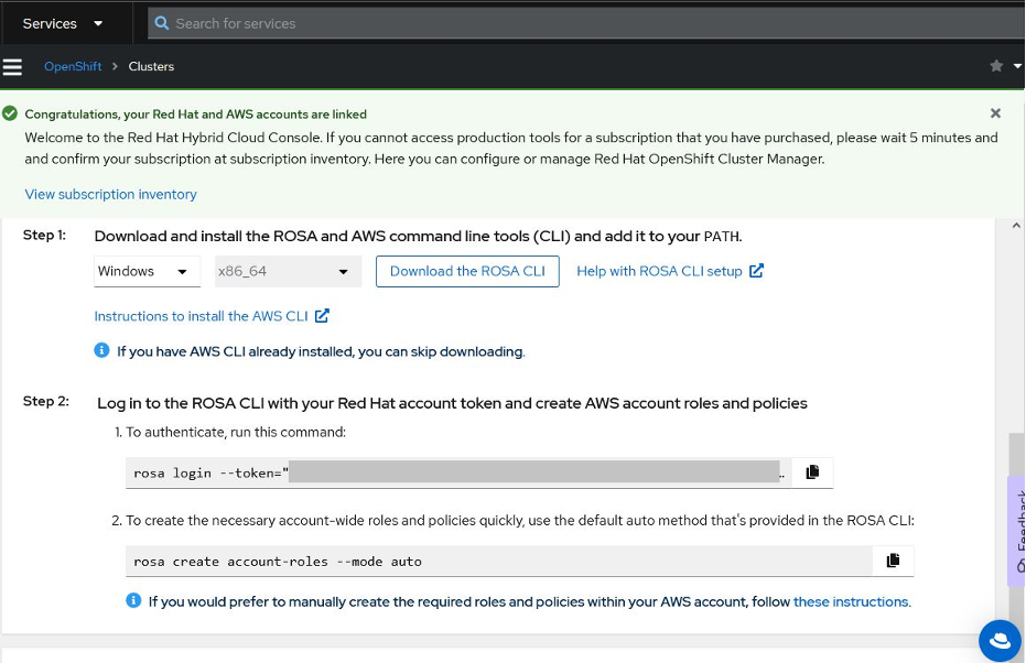 Red Hat OpenShift console with the token to login to our ROSA cluster.