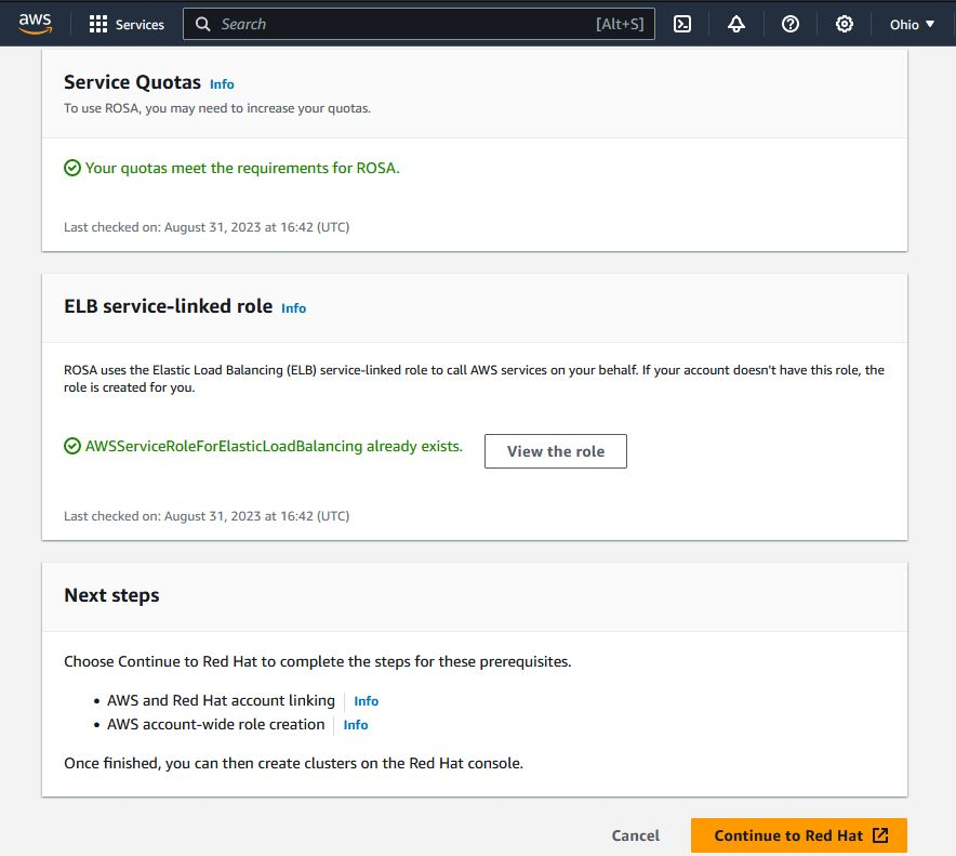 Page in the AWS web console showing that all the prerequisites for ROSA are in place and we can proceed to Red Hat via the link.