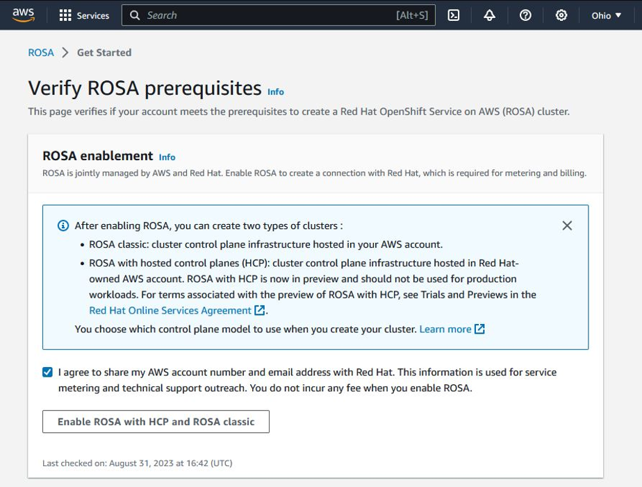 Page in the AWS console to verify that the necessary prerequisites for ROSA are in place on the account to provision a cluster.