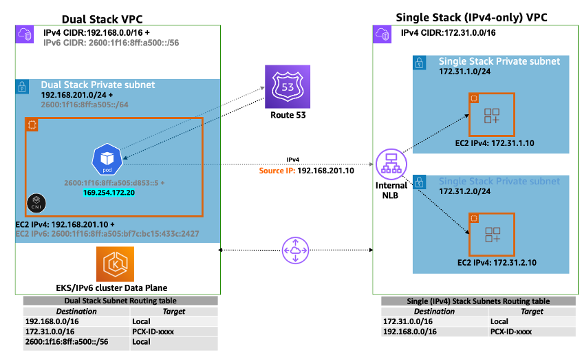 EKS/IPv6 Pods privately connecting to IPv4 web application in remote VPC