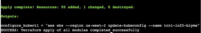 Shows successful deployment of terraform module and deployment of trainium-inferentia module