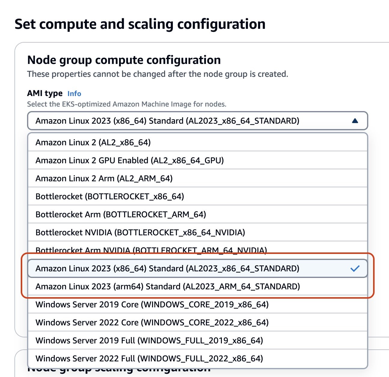 Amazon Linux 2023 from the drop down menu for AMI type: