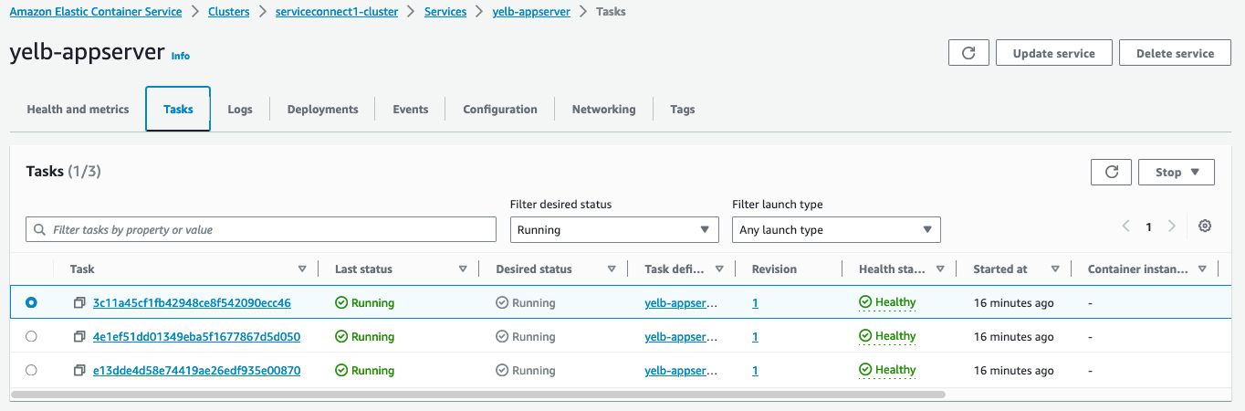 Figure 8: Initial number of tasks that are part of the yelb-appserver service, as configured during the deployment