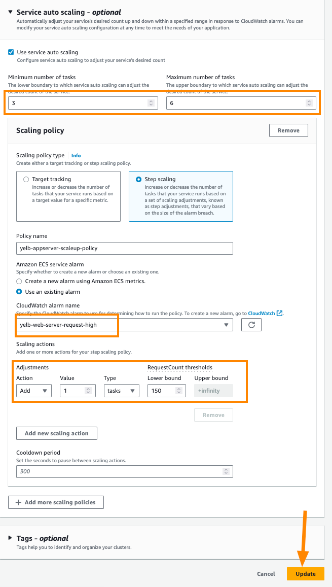 Figure 9: Configuring the autoscaling policy for the yelb-appserver based on the yelb-web-server-request-high alarm