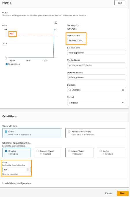 Figure 4: Alarm configuration, setting the metric name and threshold