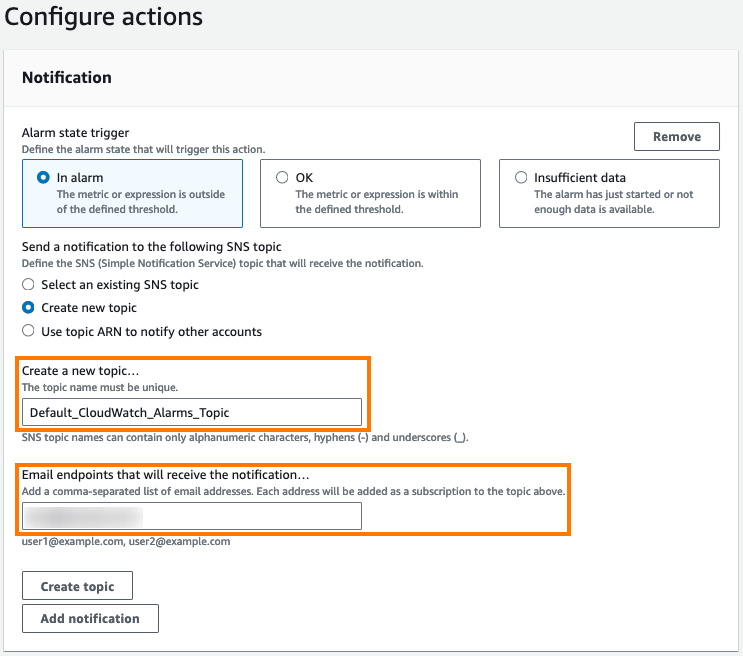 Figure 5: Alarm configuration – opting for email notification by subscribing to a specific topic