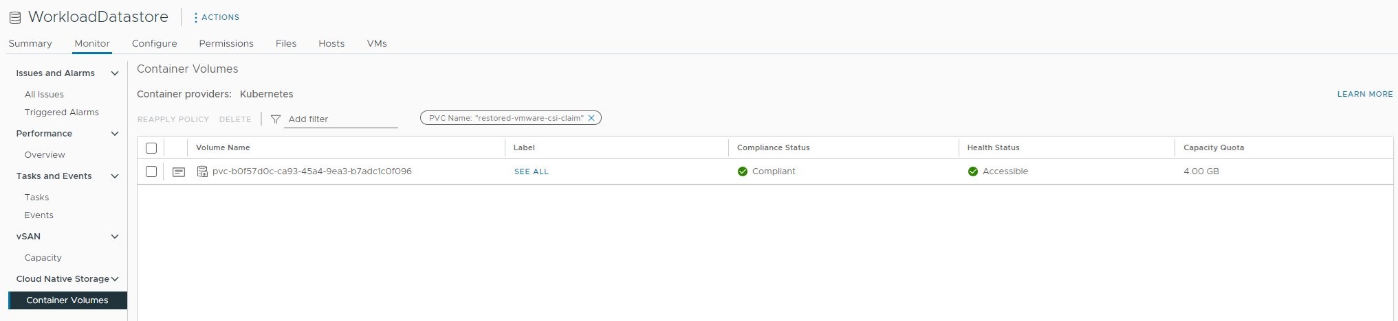  vCenter storage UI showing the snapshot restore test workload's volume