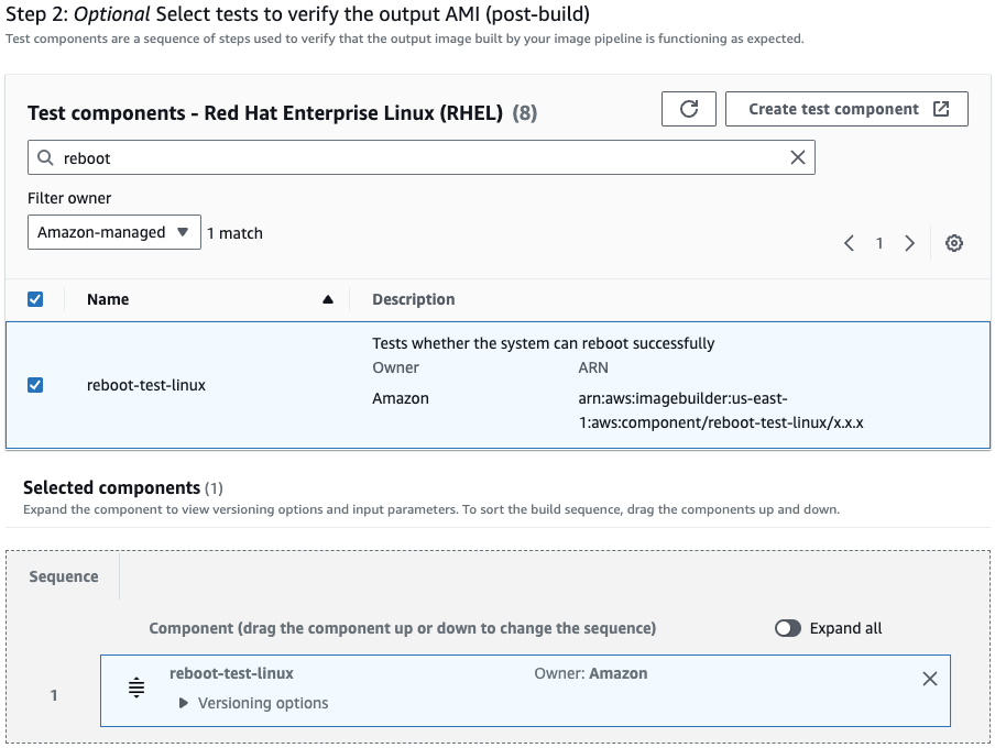 Figure 8. EC2 Image Builder recipe test component selection