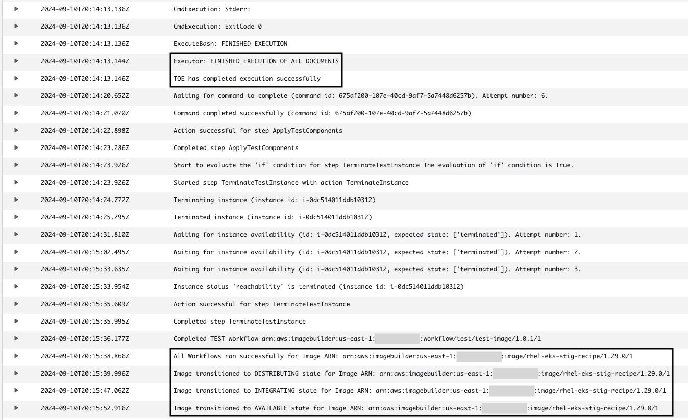 Figure 11. EC2 Image Builder CloudWatch Logs successful messages