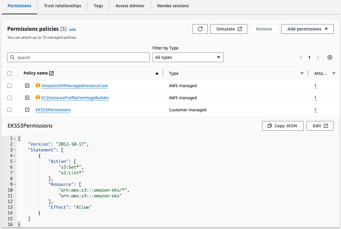 Figure 2. EC2 Image Builder EC2 Instance Profile permissions